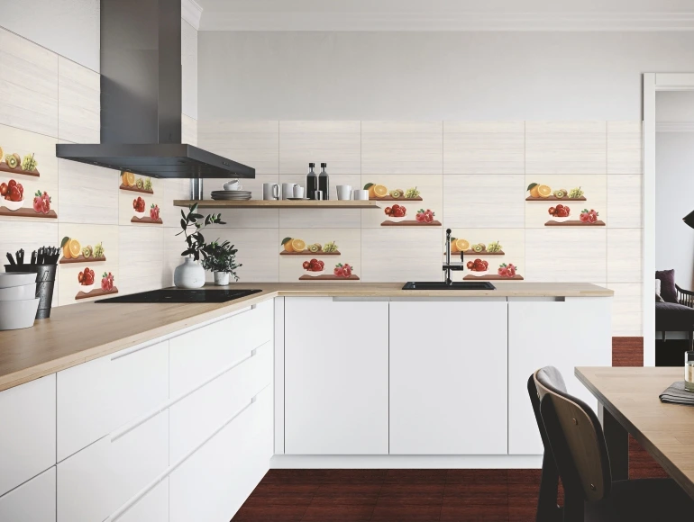 L shape kitchen design with white cabinets, wood countertops, and fruit-themed wall tiles.